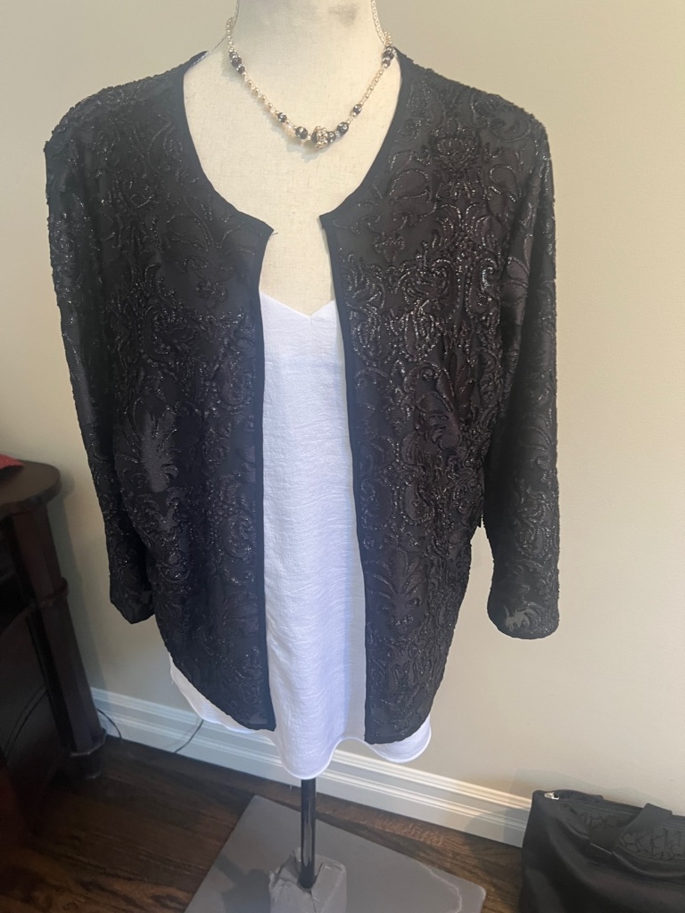 Black Embellished Open-Front Elegant Stella Jacket